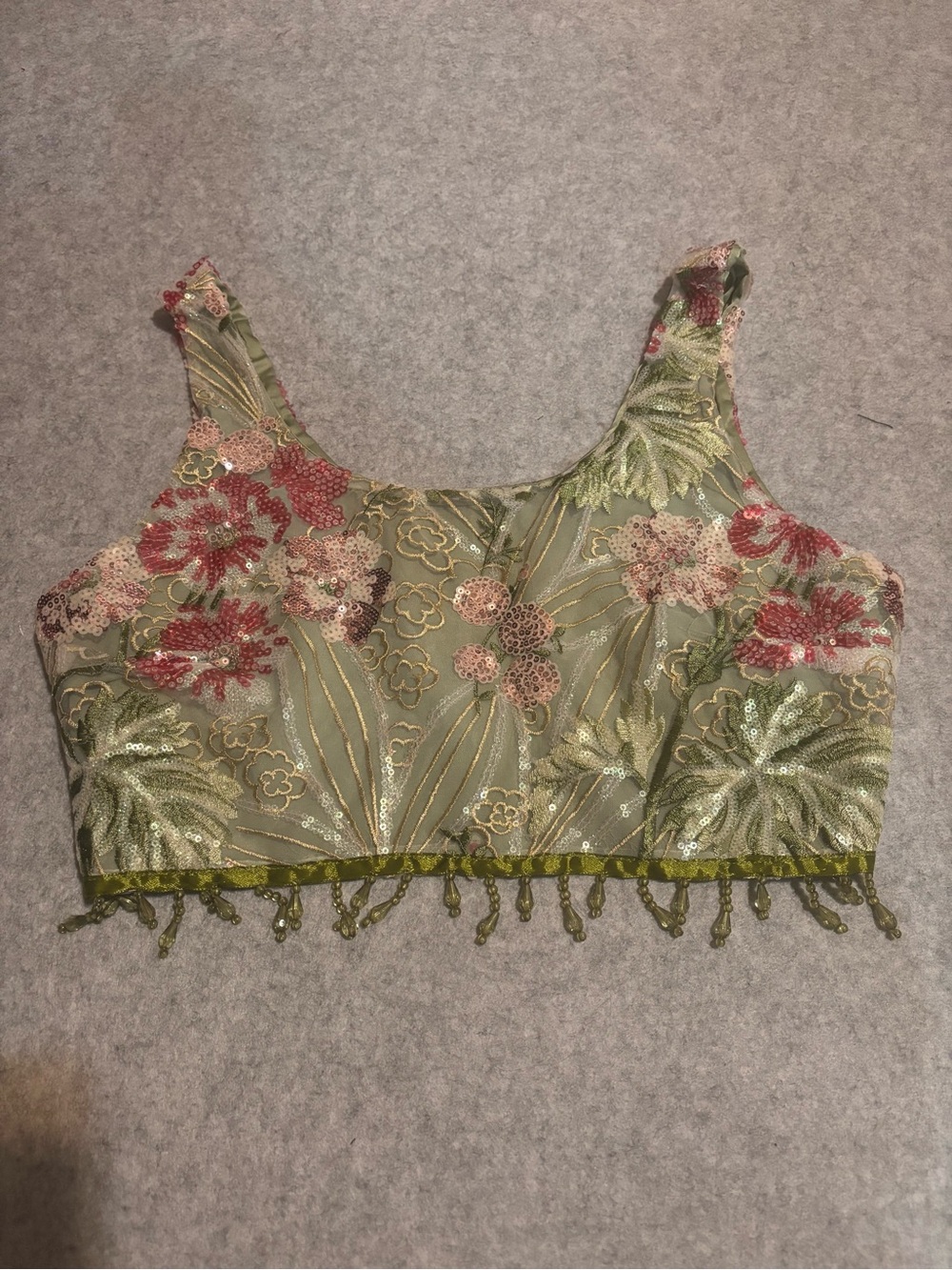 iHeartRaves Green Sequined Embroidered Floral Beaded Tassel Rave Top